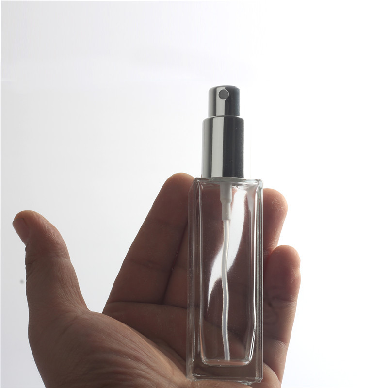 Silver Metal Cover Clear Toner Spray Bottle Square Glass Perfume Bottle 30ml Glass Bottle