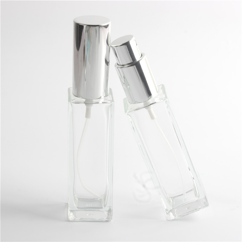Silver Metal Cover Clear Toner Spray Bottle Square Glass Perfume Bottle 30ml Glass Bottle