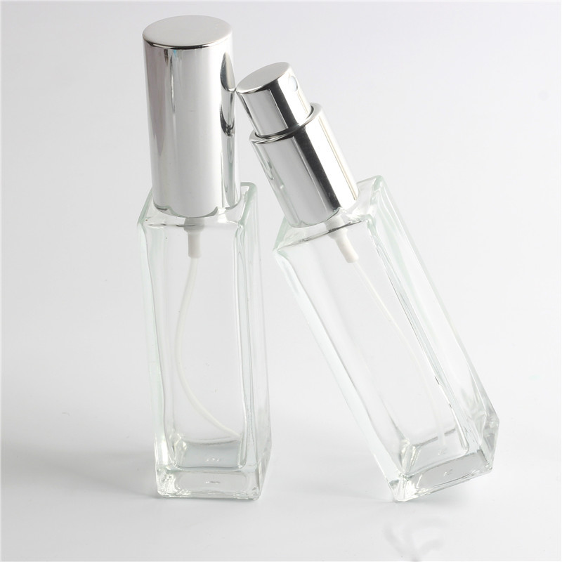 Silver Metal Cover Clear Toner Spray Bottle Square Glass Perfume Bottle 30ml Glass Bottle