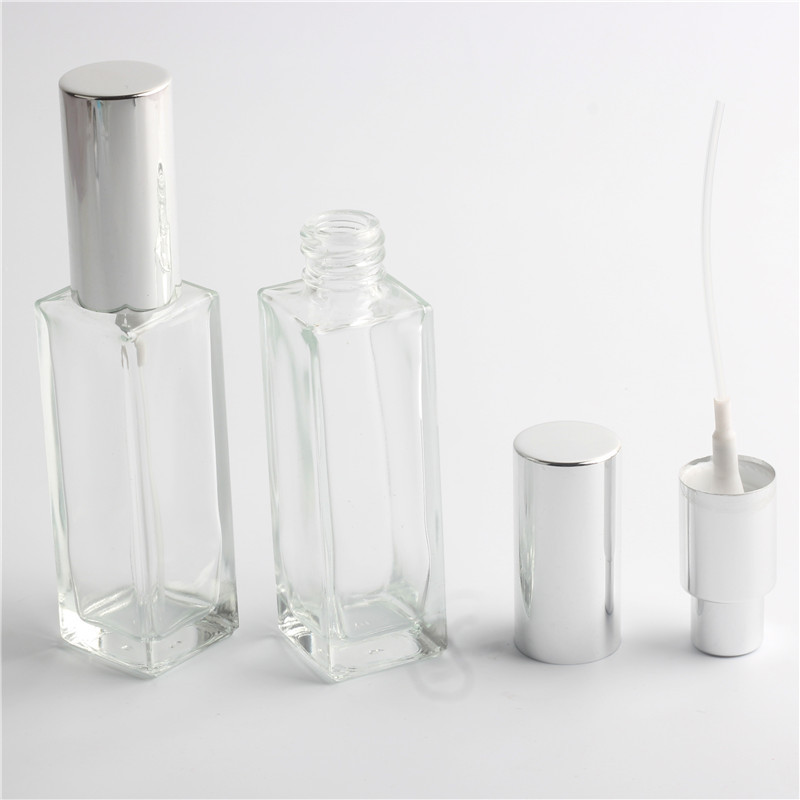 Silver Metal Cover Clear Toner Spray Bottle Square Glass Perfume Bottle 30ml Glass Bottle