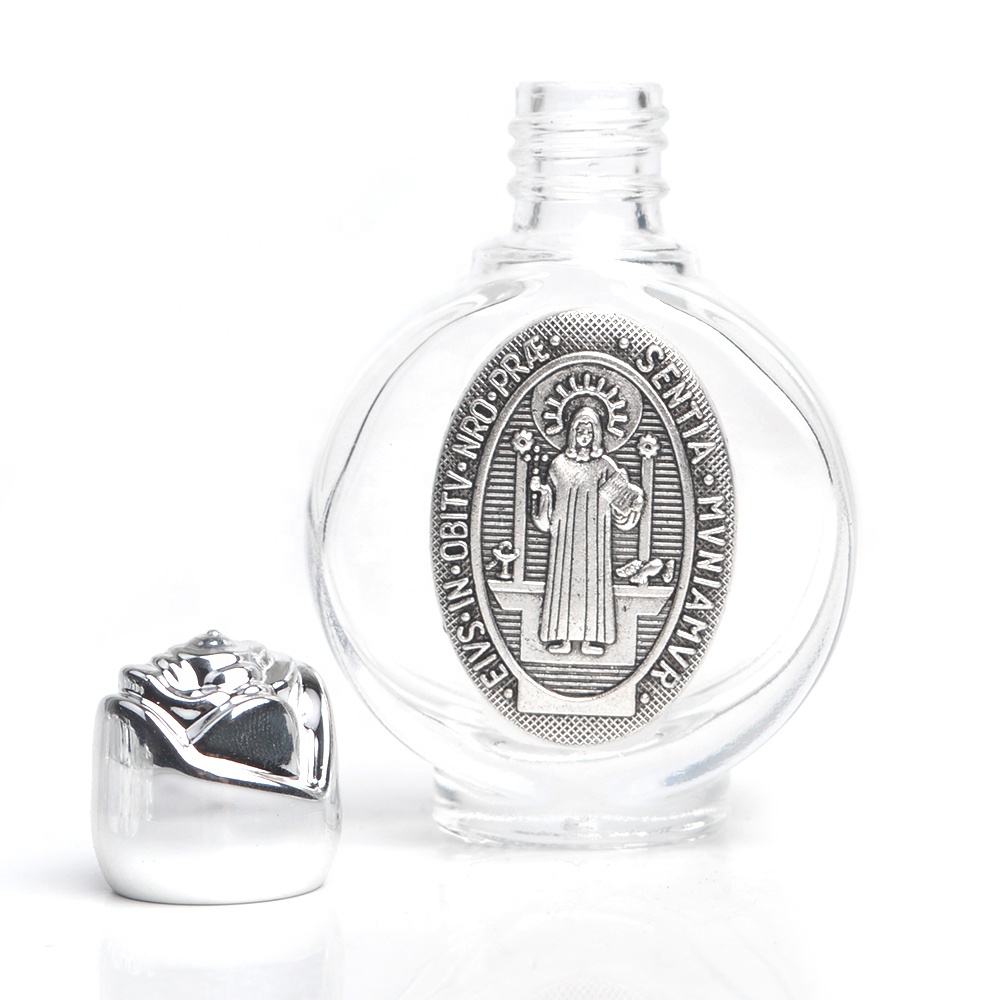 Silver Religious Saints Jesus Virgin Mary Rose Shape Screw Cap 15ml Holy Water Glass Bottle