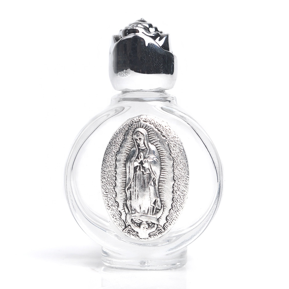 Silver Religious Saints Jesus Virgin Mary Rose Shape Screw Cap 15ml Holy Water Glass Bottle