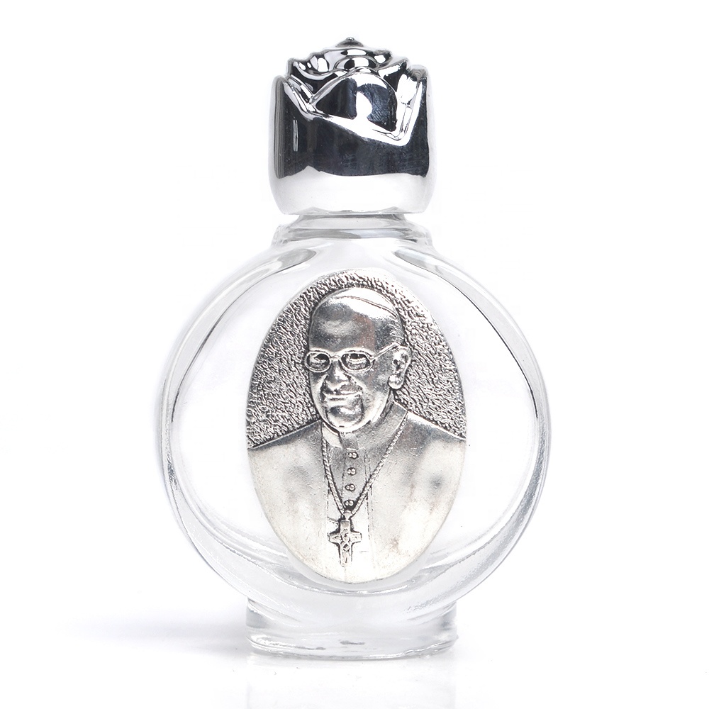 Silver Religious Saints Jesus Virgin Mary Rose Shape Screw Cap 15ml Holy Water Glass Bottle