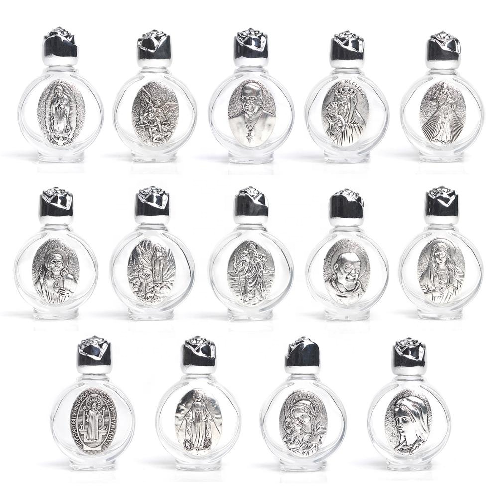 Silver Religious Saints Jesus Virgin Mary Rose Shape Screw Cap 15ml Holy Water Glass Bottle