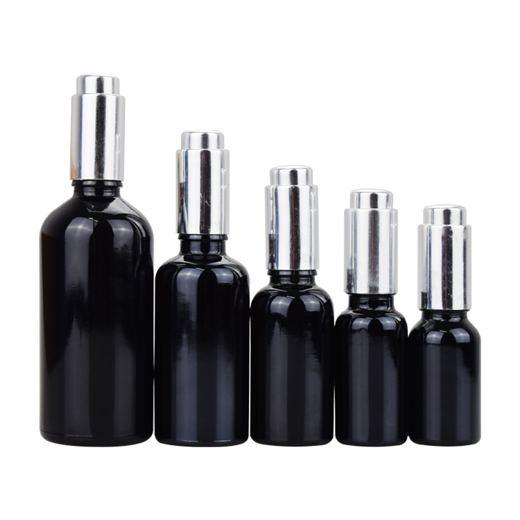 Silver aluminum push button dropper original black glass essential oil cosmetic bottles 5ml 10ml 15ml 20ml 30ml 50ml 100ml