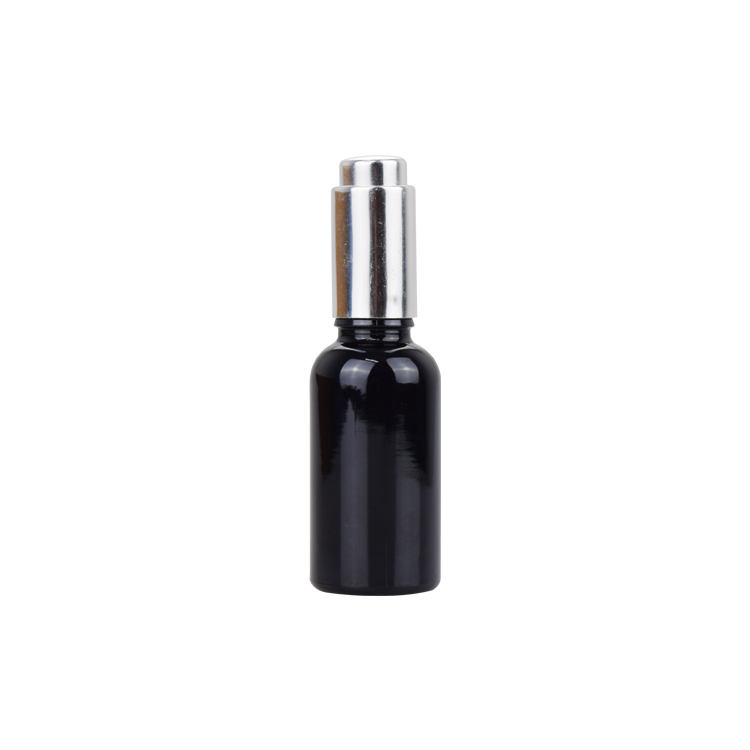 Silver aluminum push button dropper original black glass essential oil cosmetic bottles 5ml 10ml 15ml 20ml 30ml 50ml 100ml