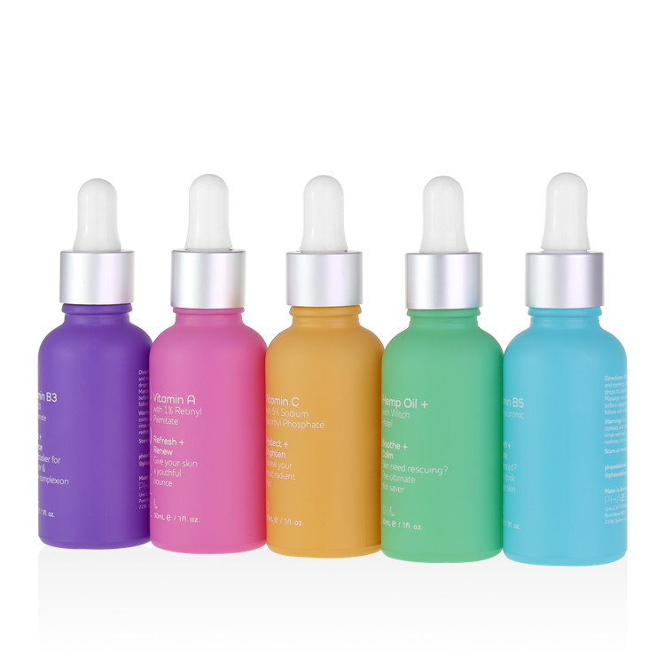 Silver dropper top colorful matte blue green yellow essential oil bottle with paper box 5ml 10ml 15ml 20ml 30ml 50ml 100ml