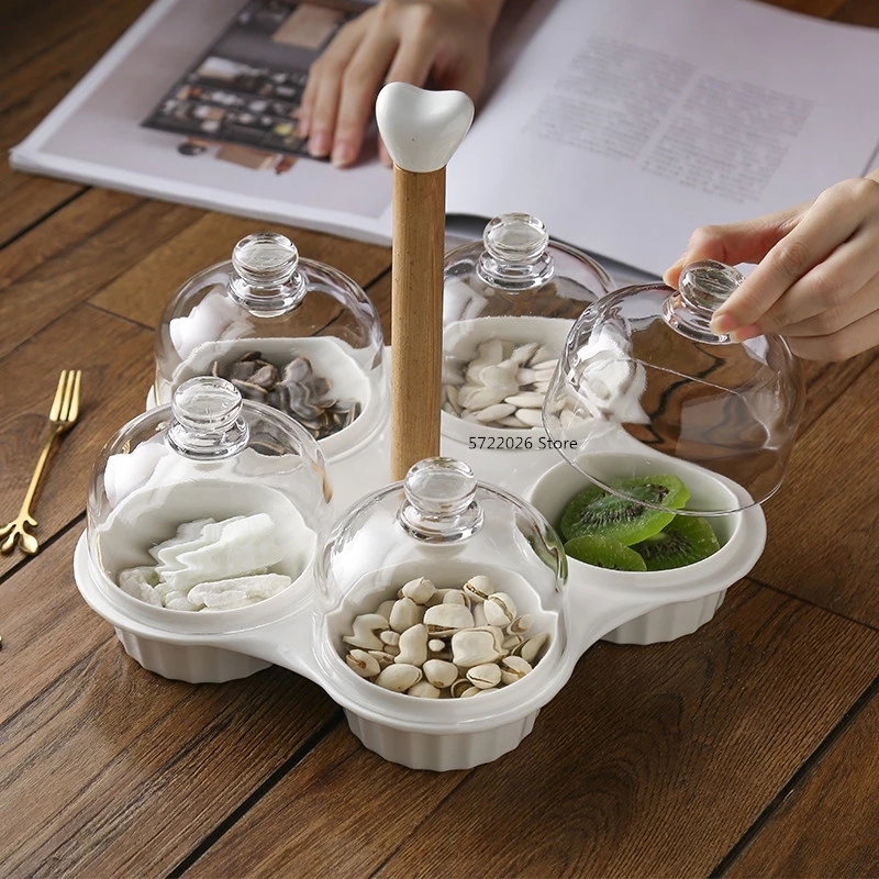 Simple ceramic dessert bowl dustproof glass cover creative separation type dessert fruit tray snack storage jar