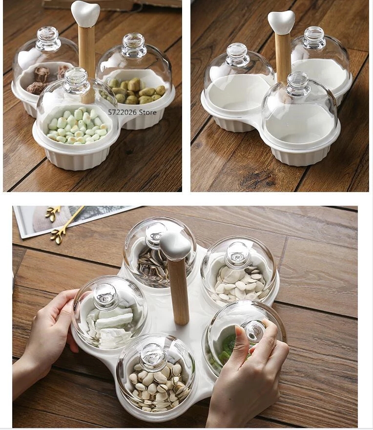 Simple ceramic dessert bowl dustproof glass cover creative separation type dessert fruit tray snack storage jar