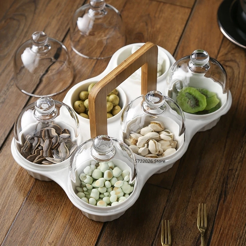 Simple ceramic dessert bowl dustproof glass cover creative separation type dessert fruit tray snack storage jar