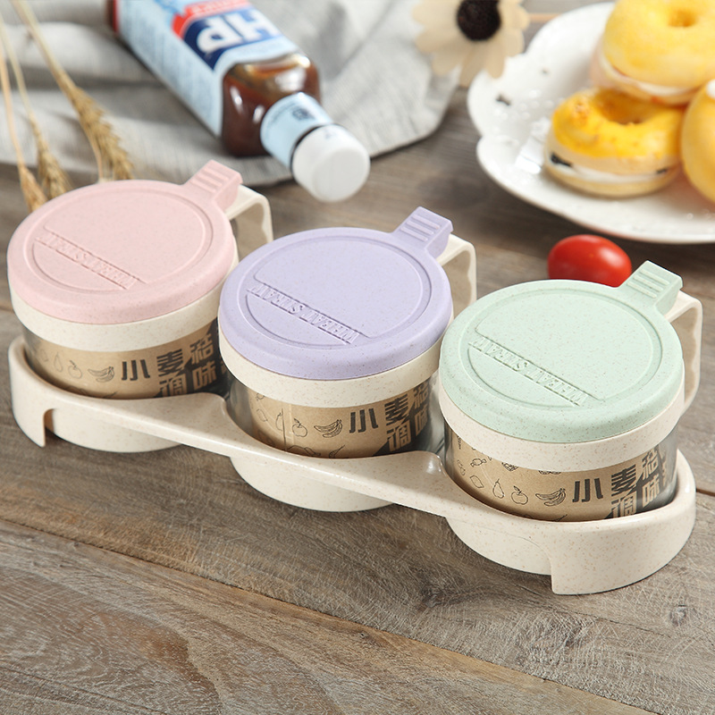 Simple multi-color optional wheat straw biodegradable kitchen sauce seasoning glass jar tableware set