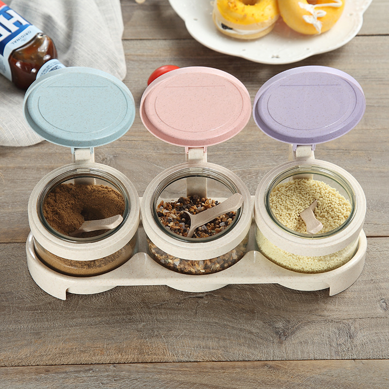 Simple multi-color optional wheat straw biodegradable kitchen sauce seasoning glass jar tableware set