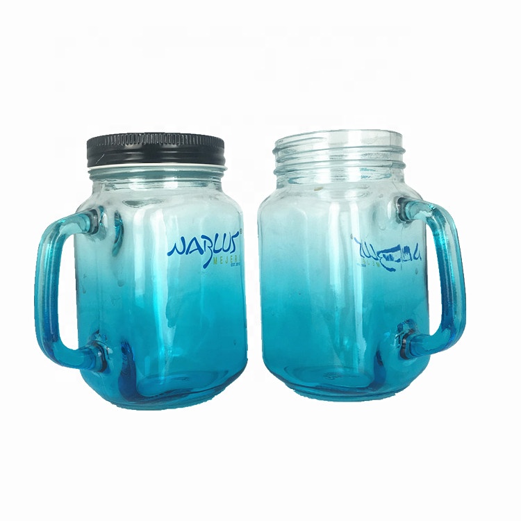 Simple style beverage milk coffee glass bottle 500ml blue mason jar with handle