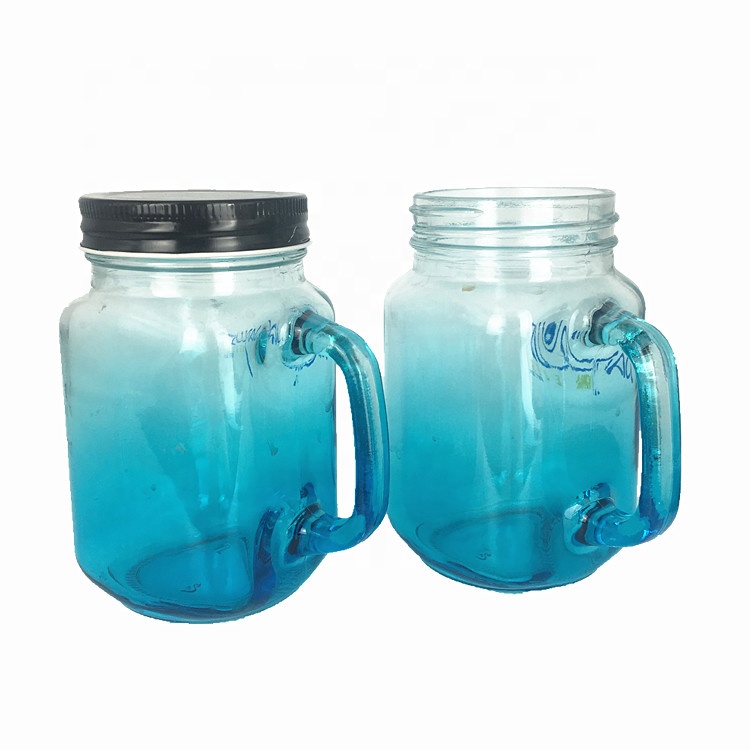 Simple style beverage milk coffee glass bottle 500ml blue mason jar with handle