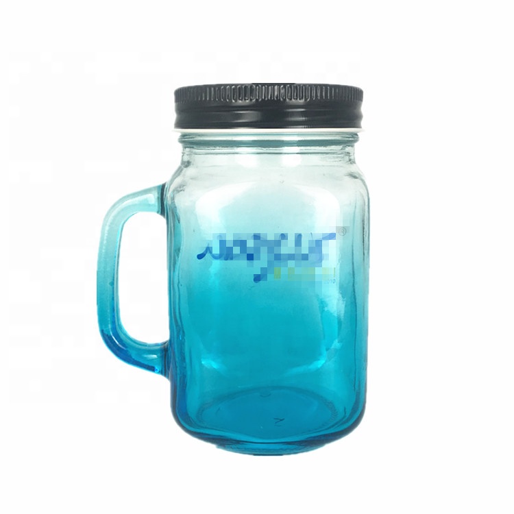 Simple style beverage milk coffee glass bottle 500ml blue mason jar with handle