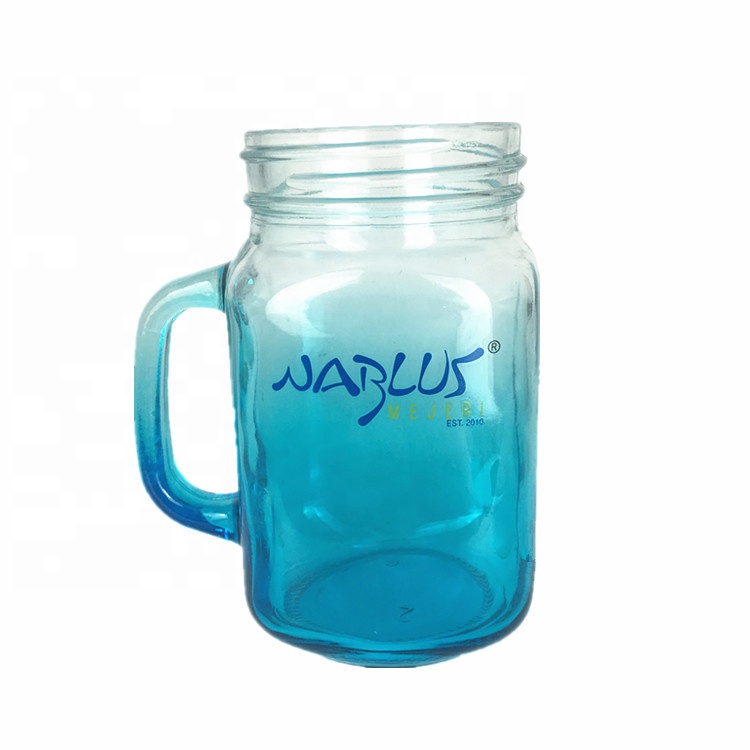 Simple style beverage milk coffee glass bottle 500ml blue mason jar with handle