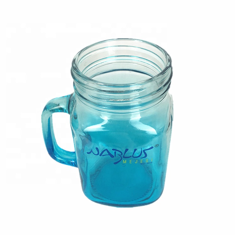 Simple style beverage milk coffee glass bottle 500ml blue mason jar with handle