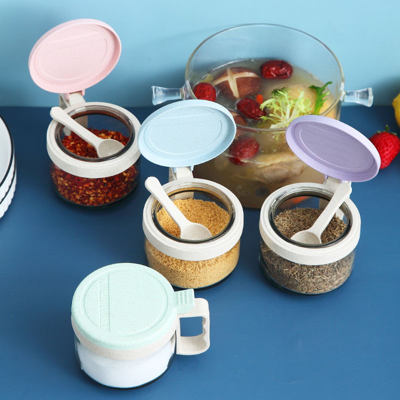 Simple style with lid moisture-proof wheat straw degradable plastic glass seasoning jar tableware set