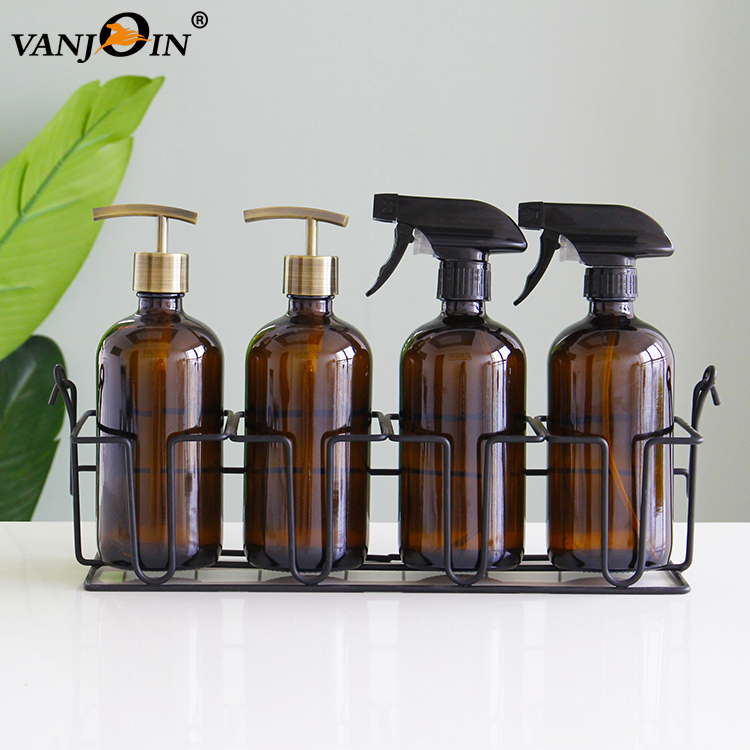 Skin Care 500ml Amber Round Shampoo Glass Bottle with Pump Spray for Essential Oil