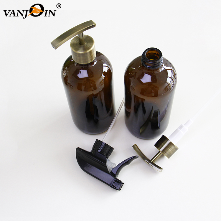 Skin Care 500ml Amber Round Shampoo Glass Bottle with Pump Spray for Essential Oil