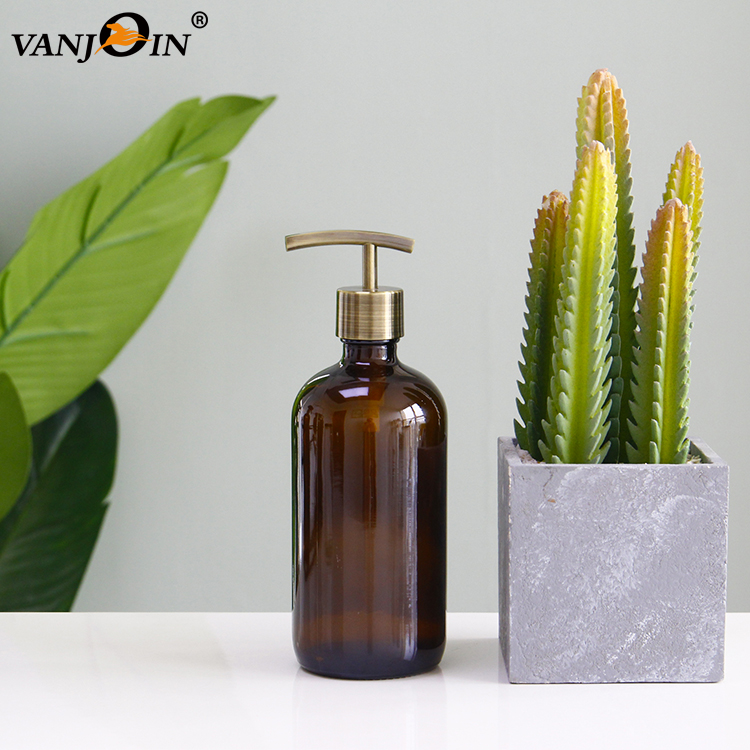 Skin Care 500ml Amber Round Shampoo Glass Bottle with Pump Spray for Essential Oil