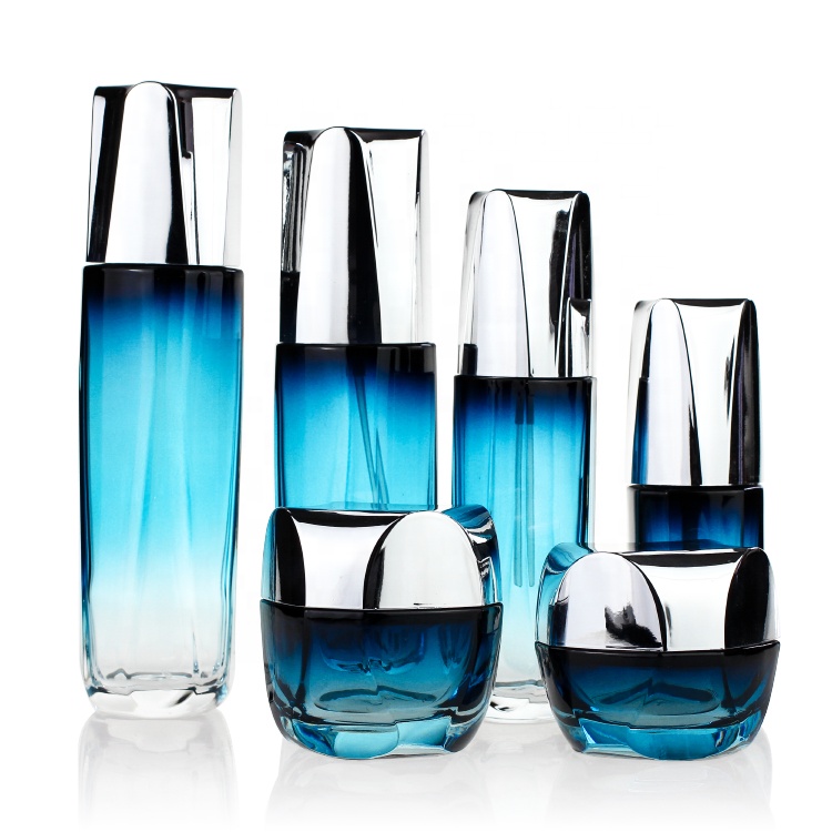Skin Care Cream sky-blue shade to clear glass empty cream bottle jar glass cosmetic set with lid emboitement