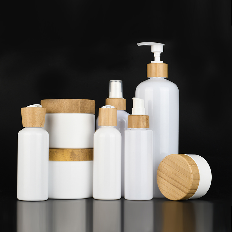Skin Care Packaging 30g 50g 100g 150g 200g 250g 500ml White Plastic Shampoo Bottle and Cream Jars with Bamboo Lid