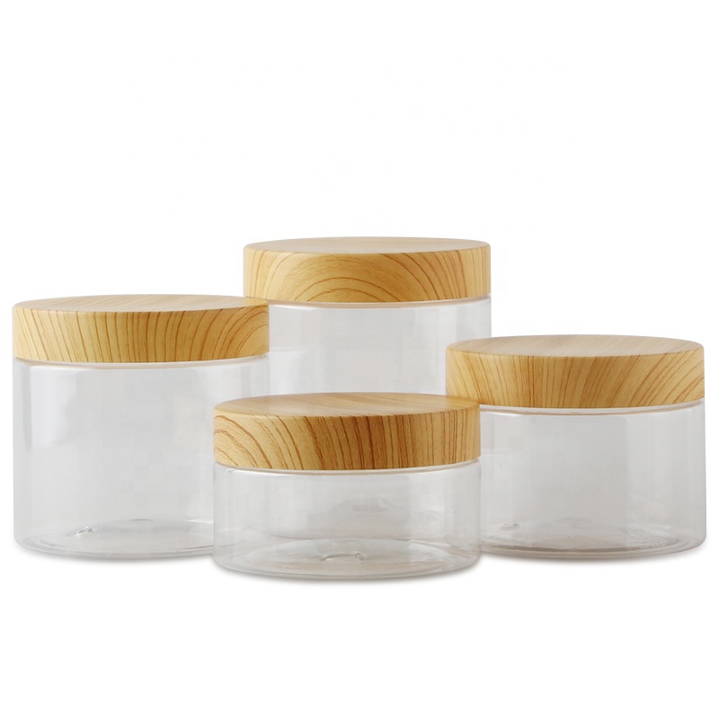 Skin Care Plastic PET Cream Jar With Wood Grain Plastic Cap