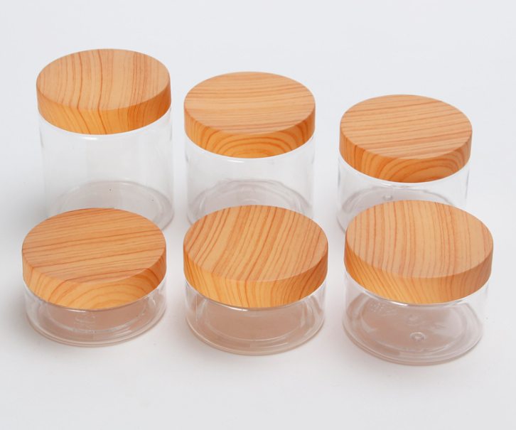 Skin Care Plastic PET Cream Jar With Wood Grain Plastic Cap