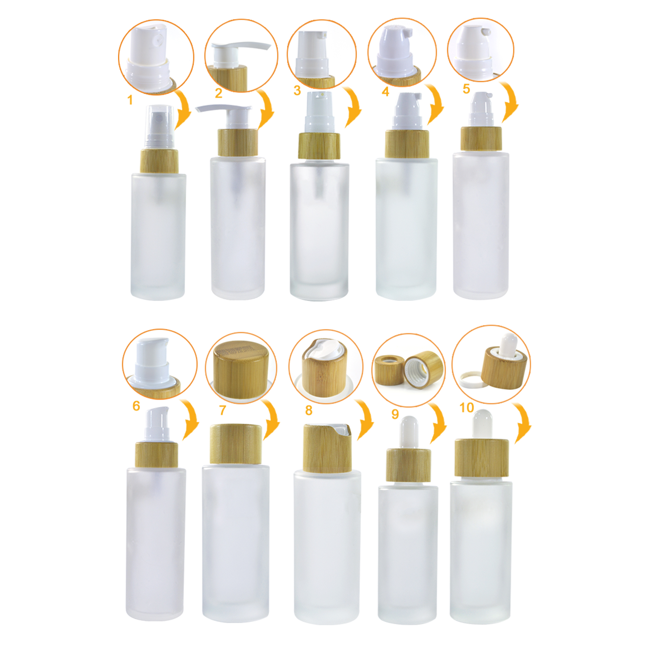 Skin care 30ml 50ml  100ml 120ml 150ml frosted clear glass bottle with bamboo cap for lotion toner cosmetic packaging