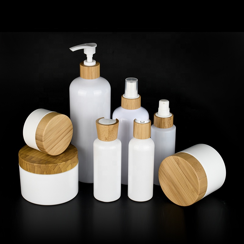 Skin care bamboo cosmetic package set 50ml 60ml 100ml 120ml 150ml 250ml 500ml white plastic Bottle with bamboo cap