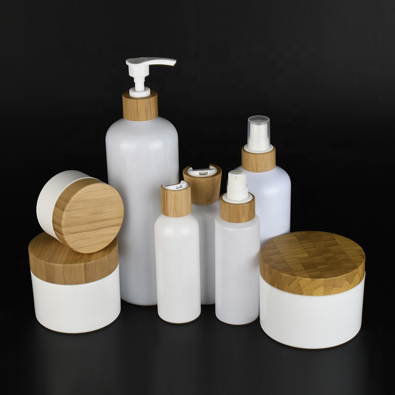 Skin care bamboo cosmetic package set 50ml 60ml 100ml 120ml 150ml 250ml 500ml white plastic Bottle with bamboo cap