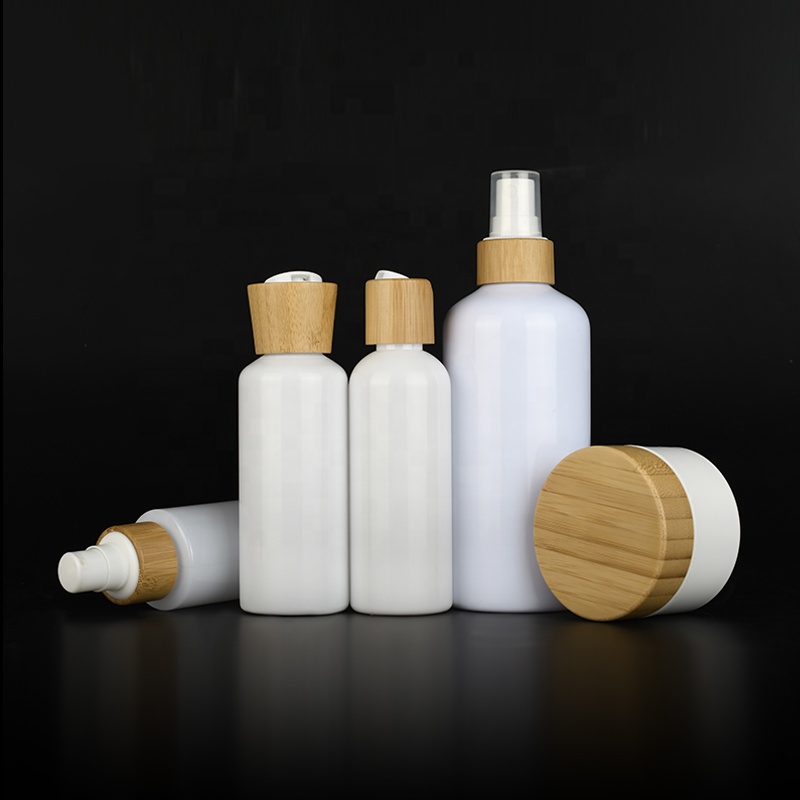 Skin care bamboo cosmetic package set 50ml 60ml 100ml 120ml 150ml 250ml 500ml white plastic Bottle with bamboo cap