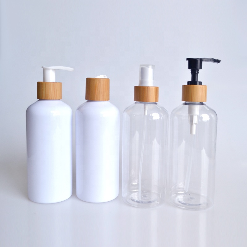Skin care bamboo cosmetic package set 50ml 60ml 100ml 120ml 150ml 250ml 500ml white plastic Bottle with bamboo cap