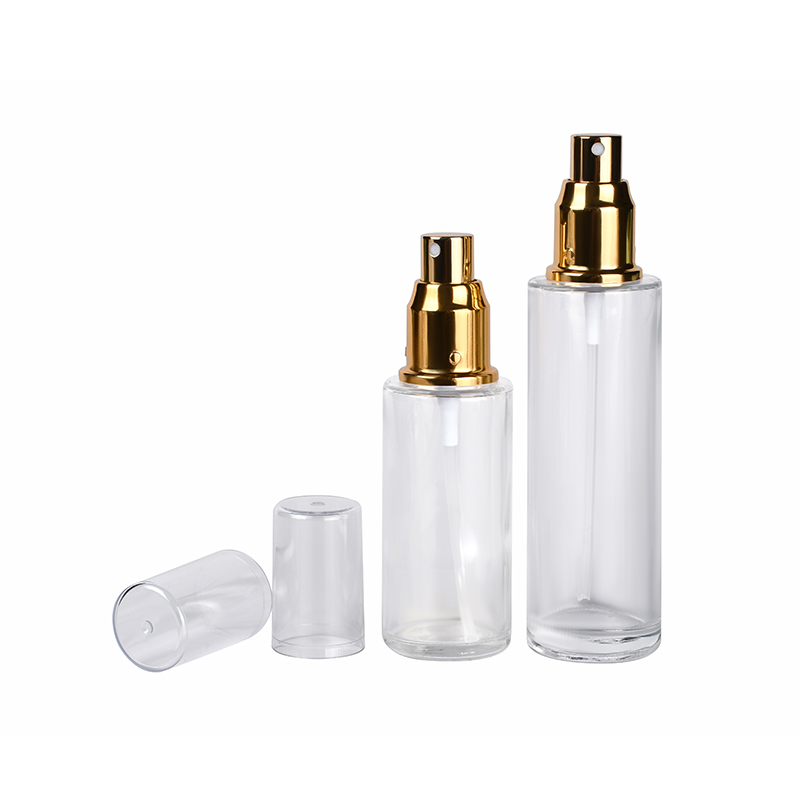 Skin care lotion toner 30ml 50ml 60ml 100ml 120ml flat shoulder frosted clear glass spray bottle with gold silver sprayer pump