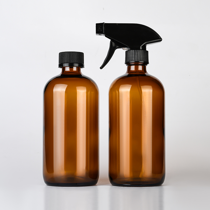 Skin care packaging 250ml 500ml amber boston glass Trigger sprayer bottle with pet plastic spray cap