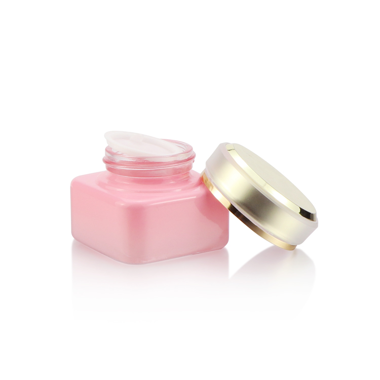 Skin care packaging 30g 50g pink square empty cosmetic cream container glass cream jar with acrylic gold cap