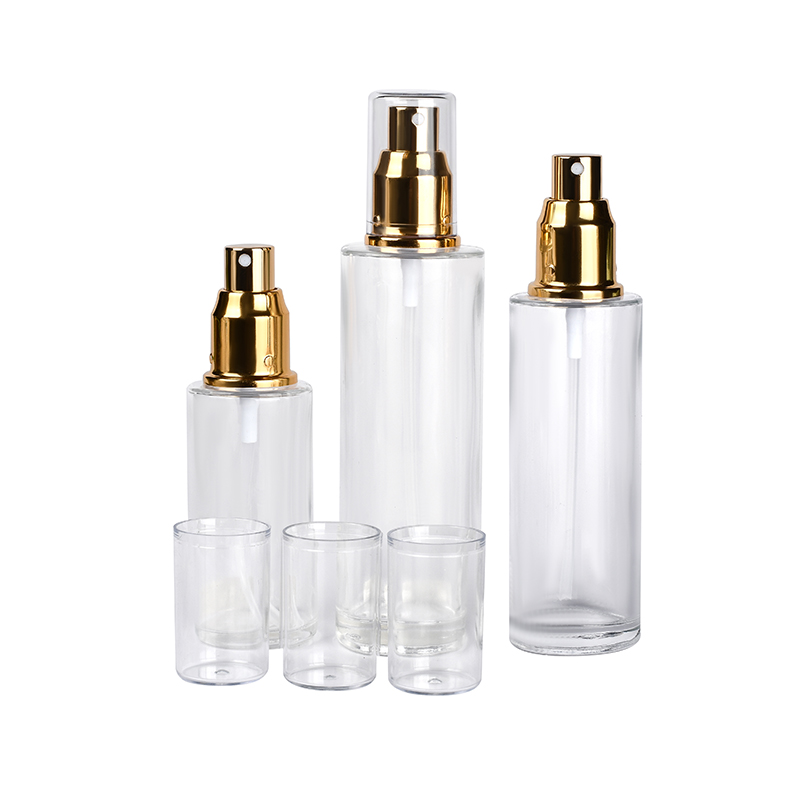 Skin care packaging 30ml 50ml 60ml 100ml 120ml clear frosted flat shoulder glass bottle with gold sliver aluminum sprayer cap
