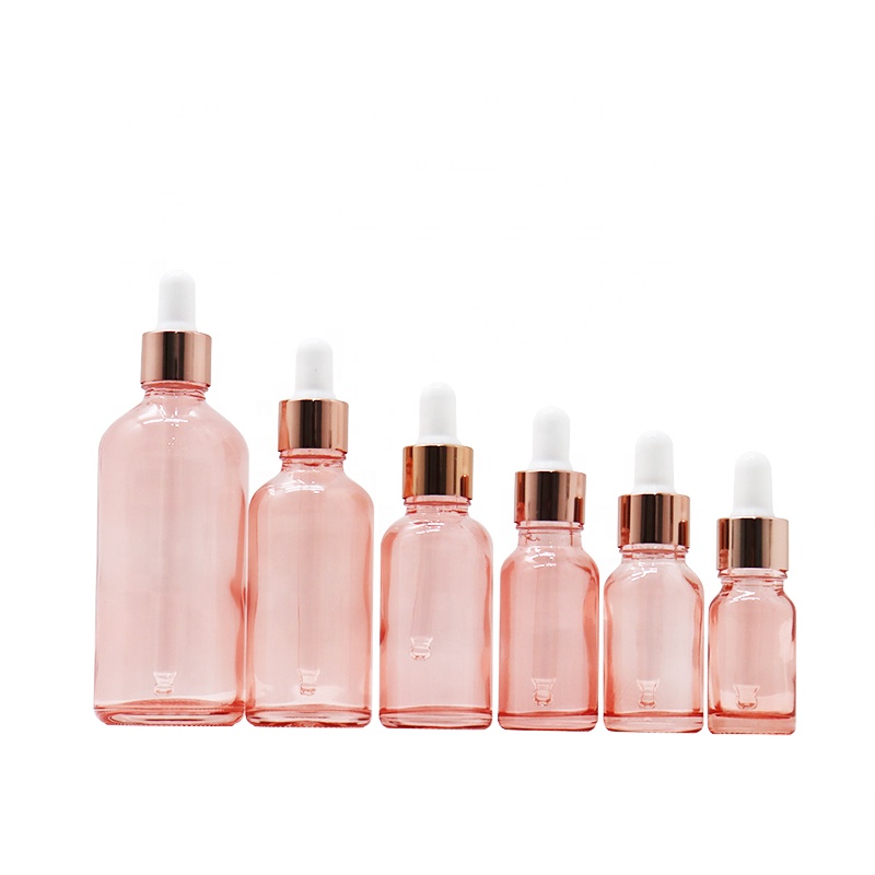 Skin care packaging 30ml 50ml round beautiful pink essential oil glass dropper bottle with rose gold screw lid