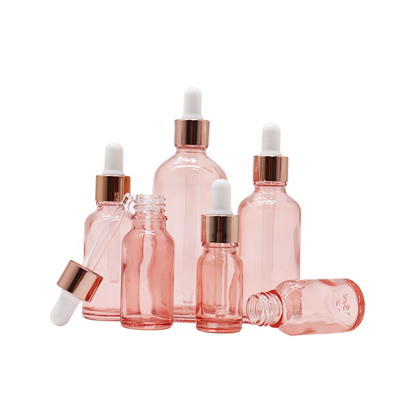 Skin care packaging 30ml 50ml round beautiful pink essential oil glass dropper bottle with rose gold screw lid