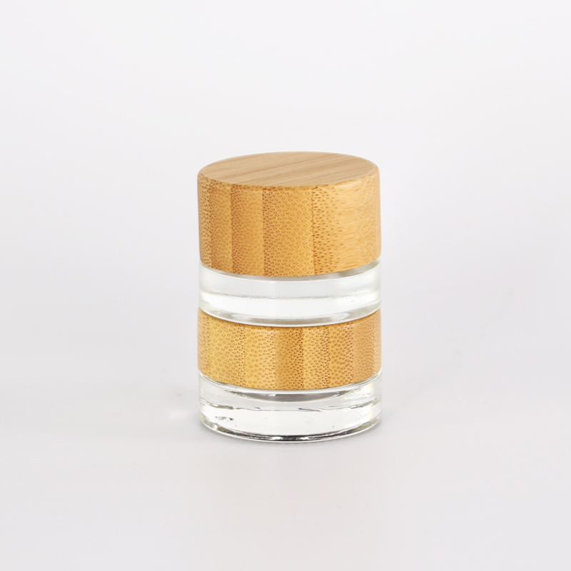 Skin care packing cosmetic plastic cylinder container face eye cream acrylic jars pot with bamboo wooden lid