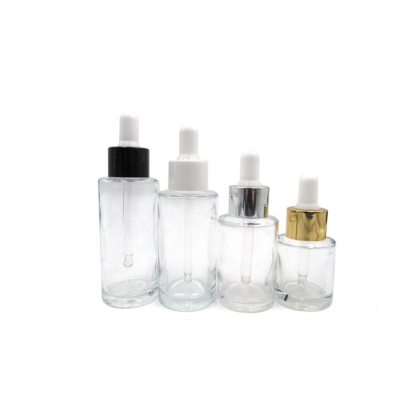 Skin care serum packing 1oz 30ml 20ml 40ml 50ml flat shoulder frosted clear glass dropper bottle with gold sliver cap