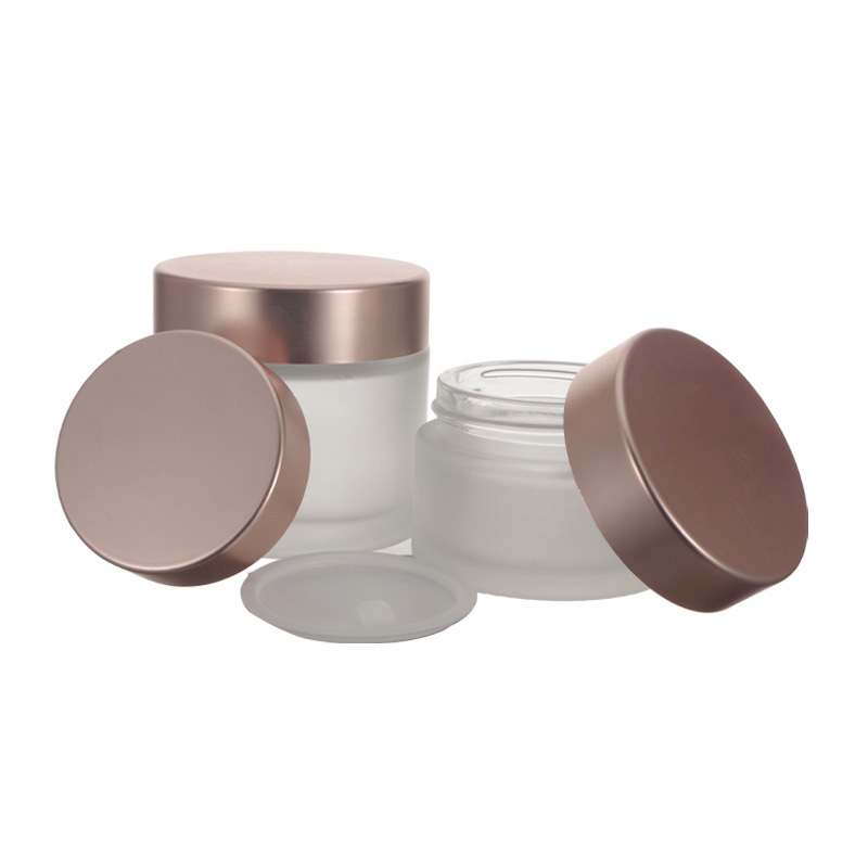 Skincare Cosmetic Face Packaging 1OZ 2OZ 3OZ Frost Glass Cream Jar With Rose Gold Lid