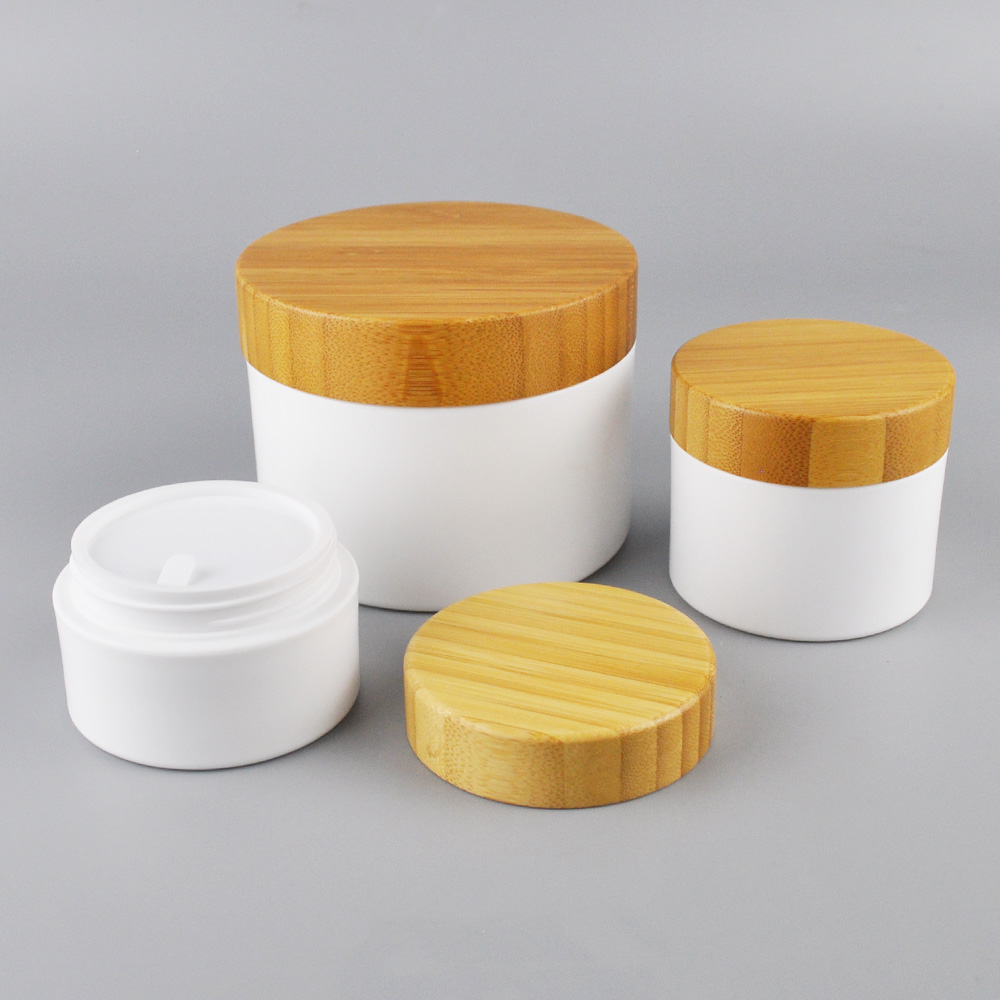 Skincare Cosmetic Packaging Container Screw Wooden Cap Plastic Jar with Bamboo caps