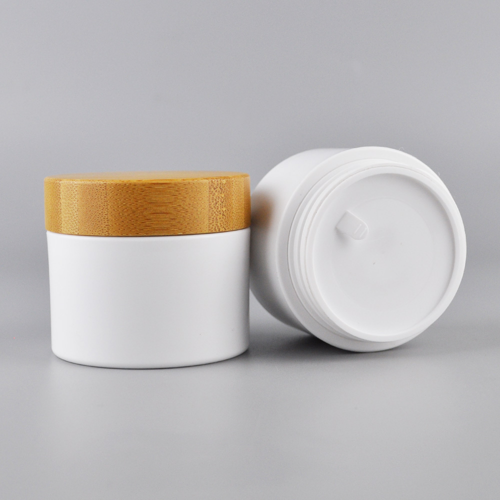 Skincare Cosmetic Packaging Container Screw Wooden Cap Plastic Jar with Bamboo caps