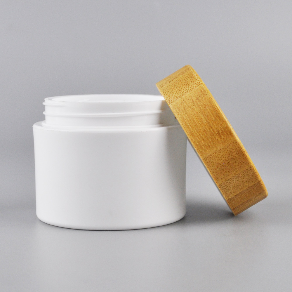 Skincare Cosmetic Packaging Container Screw Wooden Cap Plastic Jar with Bamboo caps