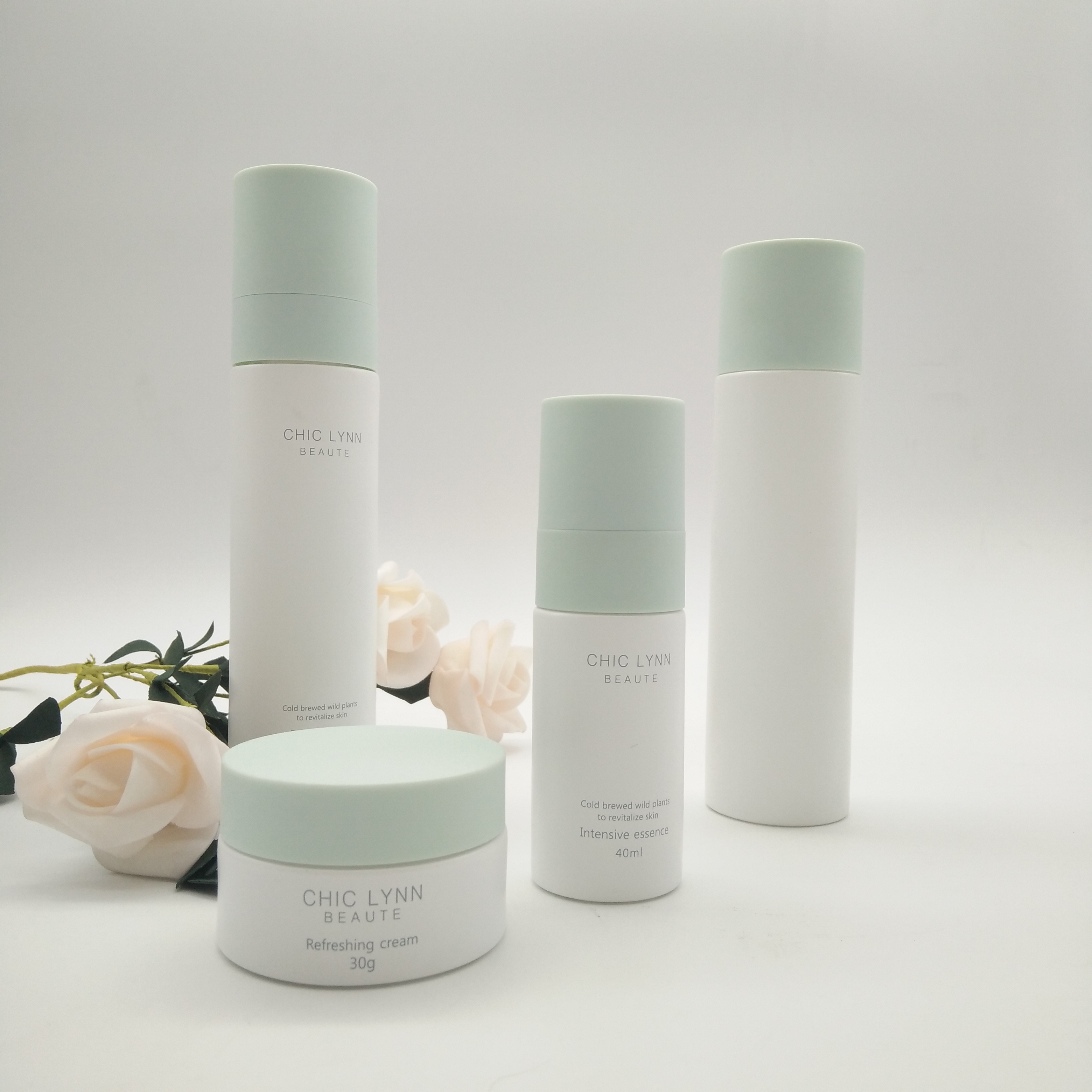 Skincare cosmetic packaging glass lotion bottle and cream jar with bamboo lid