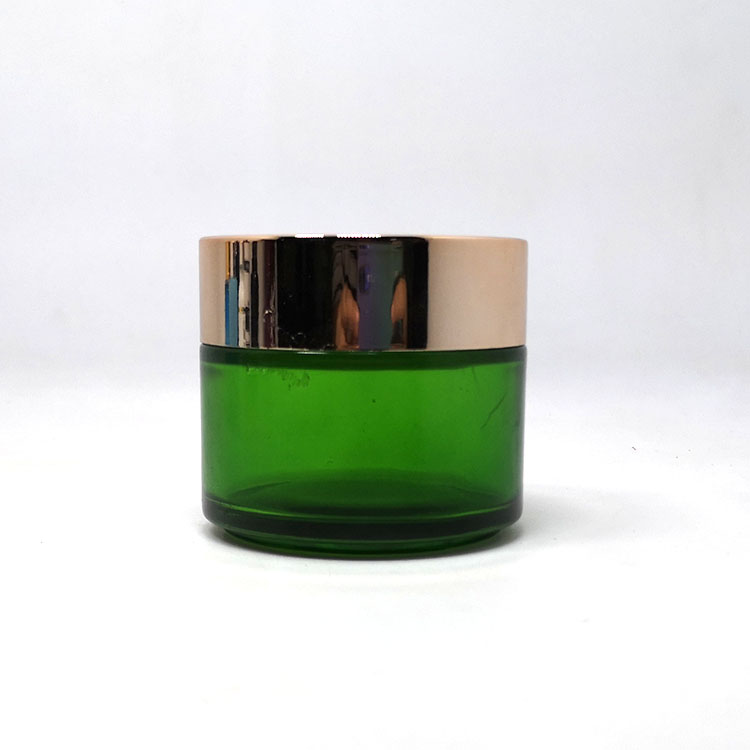 Skincare facial cream container 100g green glass cosmetic jars with rose gold lids