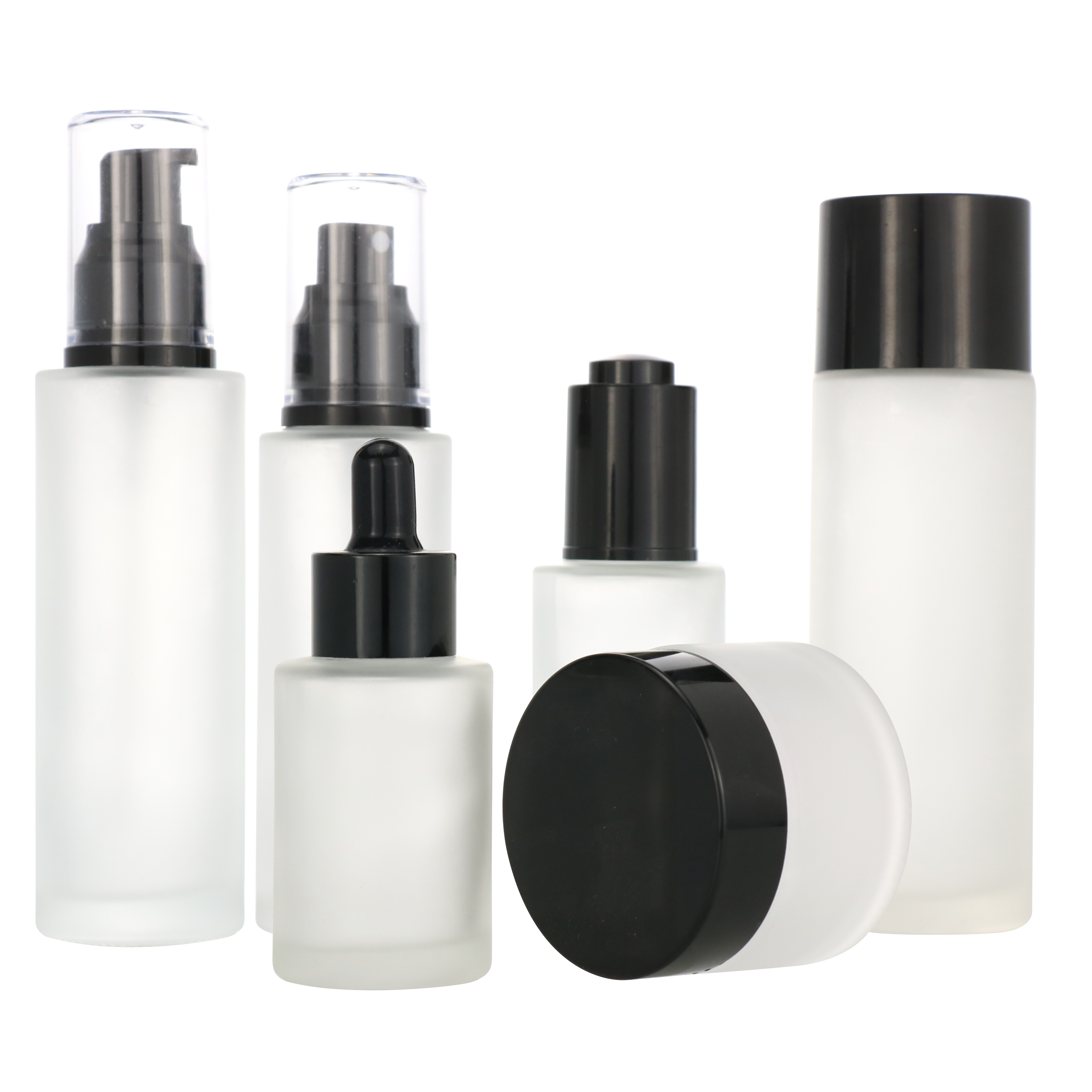 Skincare packaging 50ml 110ml 150ml glass cosmetic bottle, glass bottle pump with white and bamboo grain lid