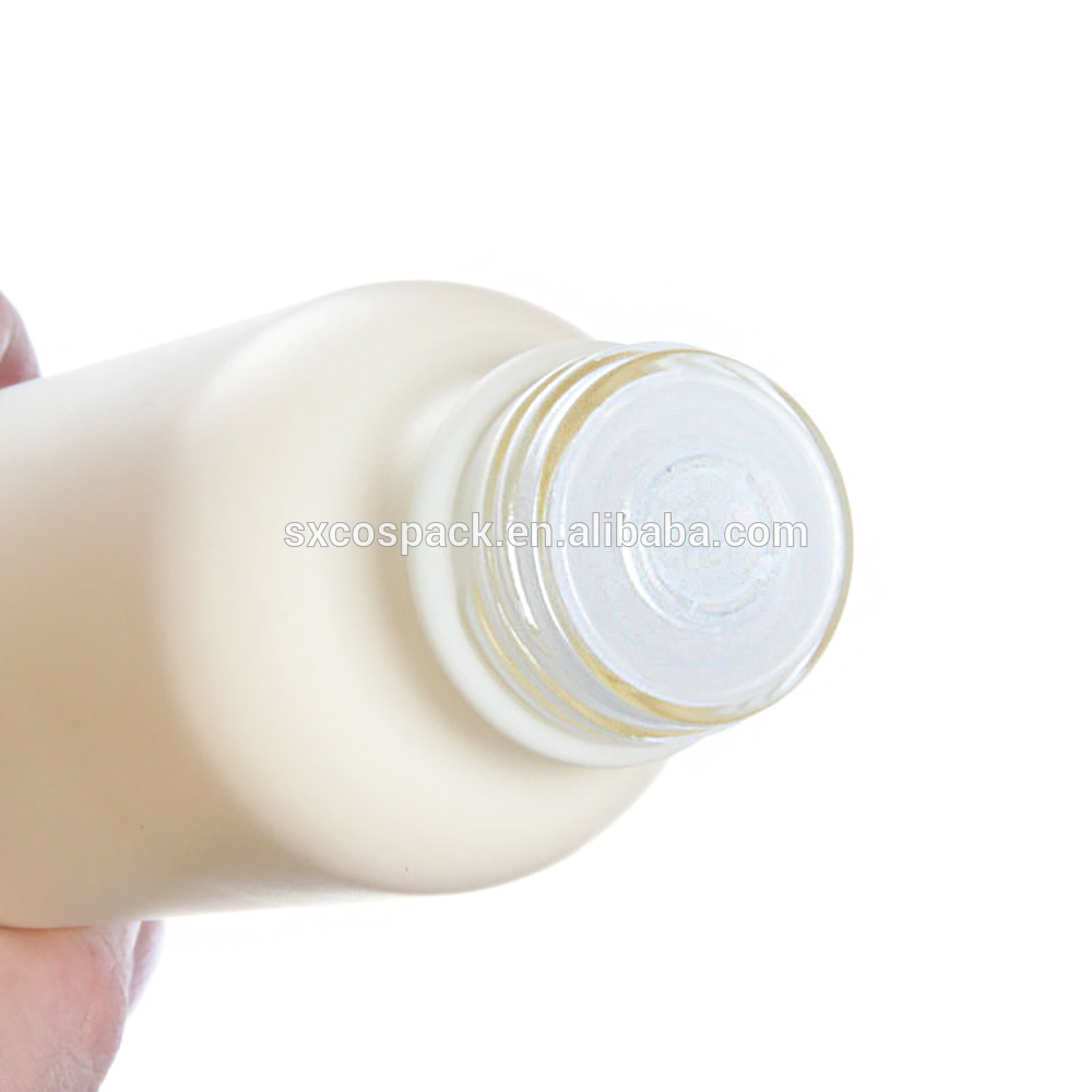 Skincare packaging 50ml 110ml 150ml glass cosmetic bottle, glass bottle pump with white and bamboo grain lid
